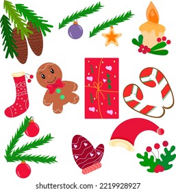 Está decorado con decoraciones navideñas. Ramas de árboles de Navidad, juguetes de vidrio, dulces, ropa, velas y envoltura de regalos. Ilustración vectorial.
