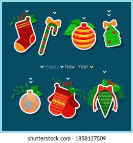 Set of Christmas decorations for the Christmas tree. Decorative items for the holiday. Happy new year. Decorations in the form of mittens, Christmas ball, Christmas tree, sock, Lollipop, bow, cone.