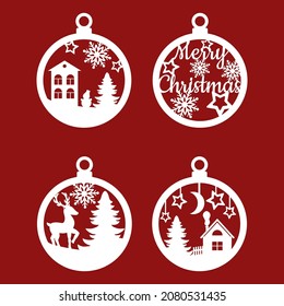 A set of Christmas decorations for the tree. Silhouette of Christmas toys. Balls with a deer, houses, stars and snowflakes. Template for laser cutting, wood carving. 