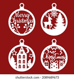 A set of Christmas decorations for the tree. Silhouette of Christmas toys. Balls with a deer, houses, stars and snowflakes. Template for laser cutting, wood carving. 