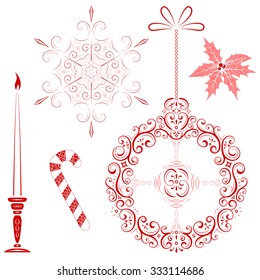 Set of Christmas decorations. Vector illustration contains stylized snowflake, bauble, candle, candy, holly.