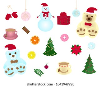 A set of Christmas decorations. Vector illustrations in cartoon style.