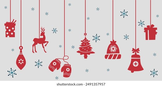 A set of Christmas decorations. Vector on gray background with snowflakes