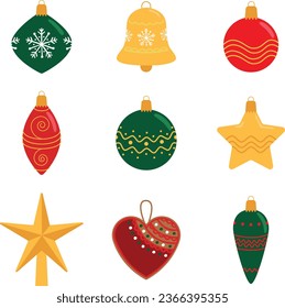 Set of christmas decorations. Vectors illustrations of balls and stars in red, green and gold tones for stickers, cards, illustrations...