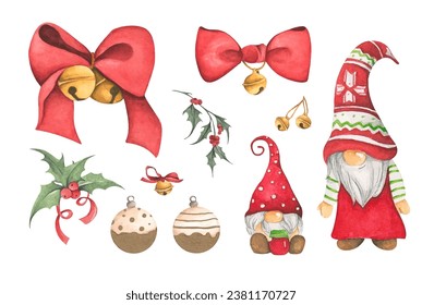 Set of Christmas decorations. Watercolor elements on white background.