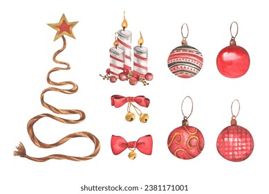 Set of Christmas decorations. Watercolor elements on white background.
