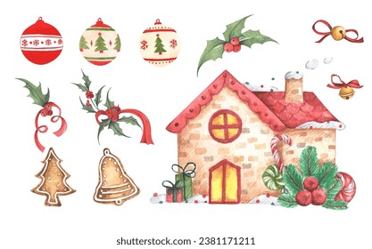 Set of Christmas decorations. Watercolor elements on white background.