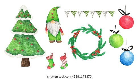 Set of Christmas decorations. Watercolor elements on white background.