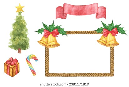 Set of Christmas decorations. Watercolor elements on white background.