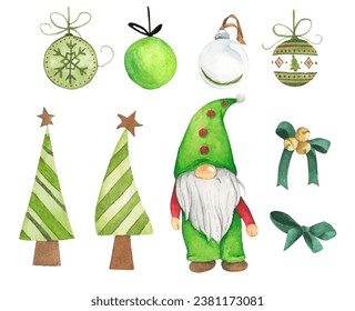 Set of Christmas decorations. Watercolor elements on white background.