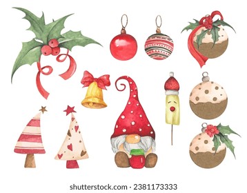Set of Christmas decorations. Watercolor elements on white background.