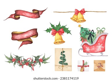 Set of Christmas decorations. Watercolor elements on white background.