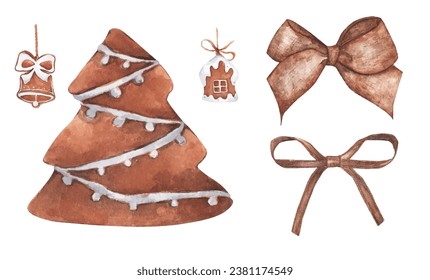 Set of Christmas decorations. Watercolor elements on white background.
