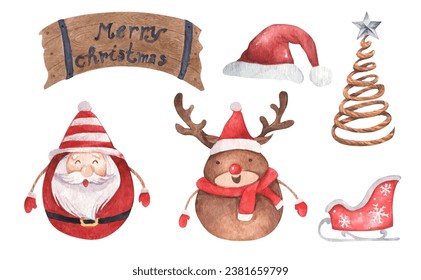 Set of Christmas decorations. Watercolor elements on white background.