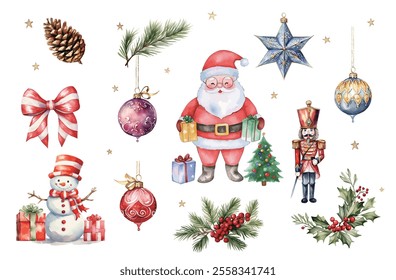 Set of Christmas decorations watercolor vector illustration,set of christmas elements,festival set Santa Claus, nutcracker, snowman, gift box, decorative ball	