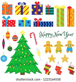 Set of Christmas decorations-Christmas trees, Christmas toys, gifts, gingerbread, socks for gifts. Flat cartoon illustrations.