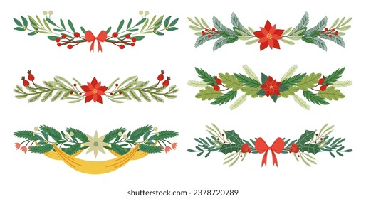 Conjunto de Fronteras Decorativas de Navidad, Encantadores Jardines de Árboles de Peibol de Ramas Mistletoe o Poinsettia, Cintas y Arcos, Creando Ambientes Maravillosos De Temporada De Invierno. Ilustración del vector de dibujos animados