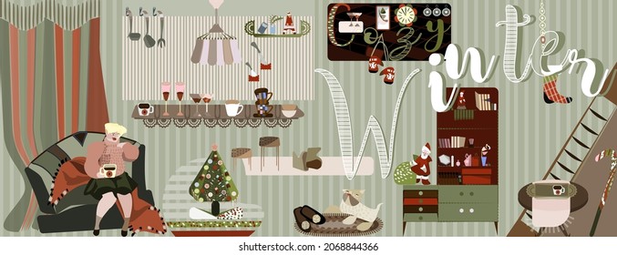 Set of Christmas decorative composition.Cozy home living room interior.Scandinavian hygge comfy decor.Flat vector illustration.