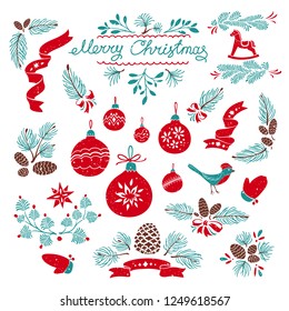 Set of Christmas Decorative Design Elements. Hand Drawn Vector Illustrations