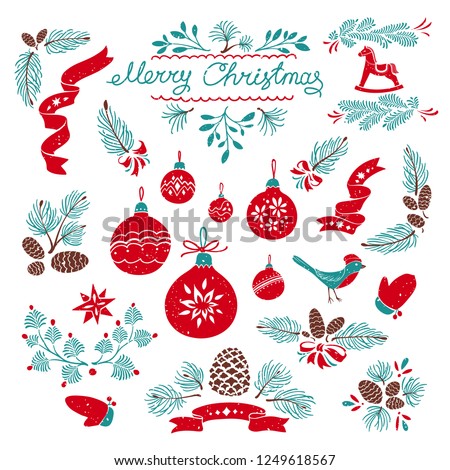 Set of Christmas Decorative Design Elements. Hand Drawn Vector Illustrations