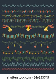 Set of Christmas and decorative elements.  Christmas branches, bells, flags, toys stars and other element. Vector illustration. Christmas decoration  design collection. Hand Drawn graphic elements.