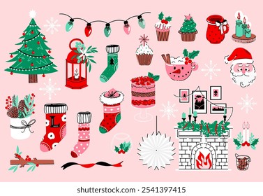 Set of Christmas decorative elements with fireplace, socks, pine tree, Santa, cacao, pancake