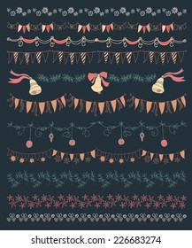 Set of Christmas and decorative elements. Gifts, christmas trees, stars and other element. Vector illustration. Christmas decoration  design collection. Hand Drawn graphic elements.