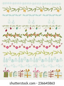 Set of Christmas and decorative elements. Gifts, christmas trees, stars and other element. Vector illustration. Christmas decoration  design collection. Hand Drawn graphic elements.
