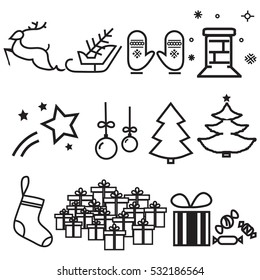 Set of Christmas Decorative Elements Isolated on White Background. Simple Line Design. Vector Illustration