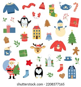 Set of Christmas decorative elements. Perfect for scrapbooking, greeting card, sticker kit. Isolated vector illustration
