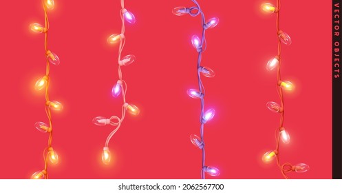 Set of Christmas decorative garlands. New Year's decorations. Light strips with lamps. Neon led bulb. Xmas design elements. Realistic 3d Festive objects isolated. colorful decor. Vector illustration