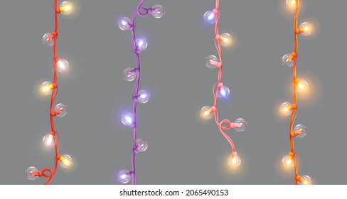 Set of Christmas decorative garlands. New Year's decorations. Light strips with lamps. Neon led bulb Round balls shape. Xmas design elements. Realistic 3d Festive objects isolated. Vector illustration