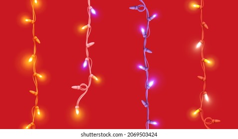 Set of Christmas decorative garlands. New Year's decorations. Light strips with lamps. Neon led bulb. Xmas design elements. Realistic 3d Festive objects isolated. Vector illustration