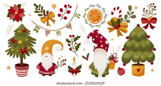 Set with Christmas decorative individual elements. Christmas tree, gnome, orange, poinsettia, candle, candy cane, holly and ribbon bow. Cute characters, vector illustration for winter festivities