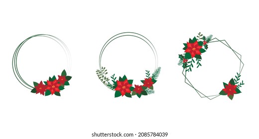 Set of Christmas decorative wreath. Floral round wreath decoration with 
Poinsettia flower. Winter holiday frame collection. Vector illustration.