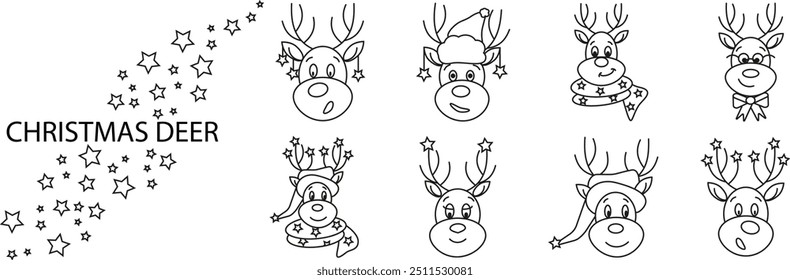 Set of Christmas deer with different moods and emotions. Vector illustration, flat style, icons, design poster.
