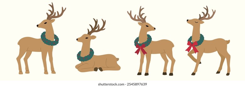 set of christmas deer flat vector stock illustration.
Elegant Christmas deer clipart.
Deer wearing Christmas wreath design. 
Good for card,poster, banner, leaflet . 