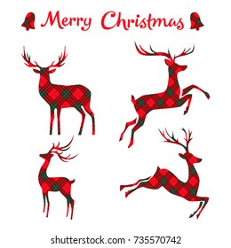 Set Of  Christmas Deer On Tartan. Vector Illustration.