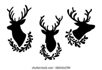 Set of  Christmas deer silhouette with floral wreath isolated on white background. New Year elegant winter reindeer decoration Vector flat illustration. Design for banner, greeting card, textile