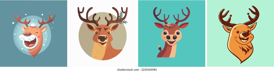 Set of Christmas deer Smiling isolated background. New Year card.Cool and funny postcard.Merry Christmas and Happy New Year. Christmas deer logo.Smile deer. Cute Christmas deer. Funny reindeer cartoon