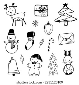 Set of christmas deer, snowman, tree, gift, decorations, gingerbread man, gift sock. Vector illustration black silhouette on white background for sticker, print, poster, postcard