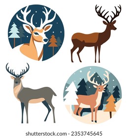 Set of Christmas deers, in round frame, flat style vector illustration on white background.