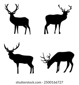 Set of Christmas Deers Silhouette Vector. Reindeers in Various Poses. Decoration.