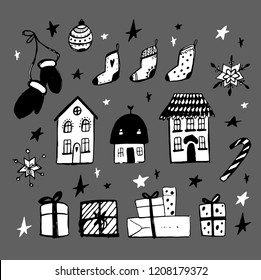 set of Christmas design doodle elements. Vector hand drawn . Isolated objects. Gloves, houses, snowflakes, gifts, socks and stars