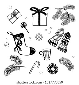 Set of Christmas design element in doodle style  on white background.
