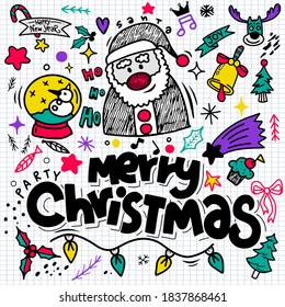 Set of Christmas design element in doodle style,Sketchy  hand drawn Doodle cartoon set of objects  on the Merry Christmas theme ,Each on a separate layer.