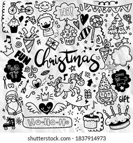 Set of Christmas design element in doodle style,Sketchy  hand drawn Doodle cartoon set of objects  on the Merry Christmas theme ,Each on a separate layer.
