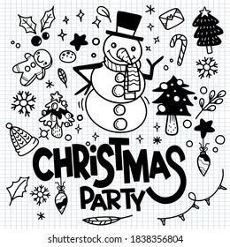 Conjunto de elementos de diseño navideño en forma de doodle,Conjunto de objetos dibujados a mano con dibujos a mano en Doodle sobre el tema Feliz Navidad , Cada uno sobre una capa separada.