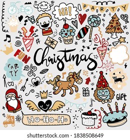 Set of Christmas design element in doodle style,Sketchy  hand drawn Doodle cartoon set of objects  on the Merry Christmas theme ,Each on a separate layer.