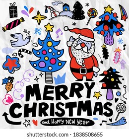 Set of Christmas design element in doodle style,Sketchy  hand drawn Doodle cartoon set of objects  on the Merry Christmas theme ,Each on a separate layer.